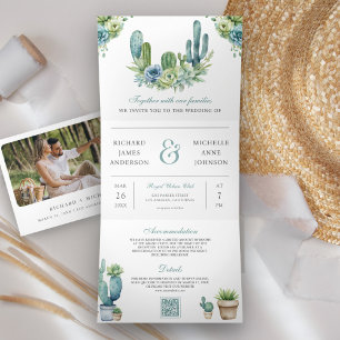 Succulent Greenery Cactus Foto QR Code Wedding Dreifach Gefaltete Einladung