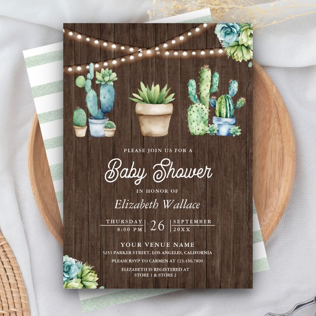 Succulent Greenery Cactus Pots Wood Baby Shower Einladung (Von Creator hochgeladen)