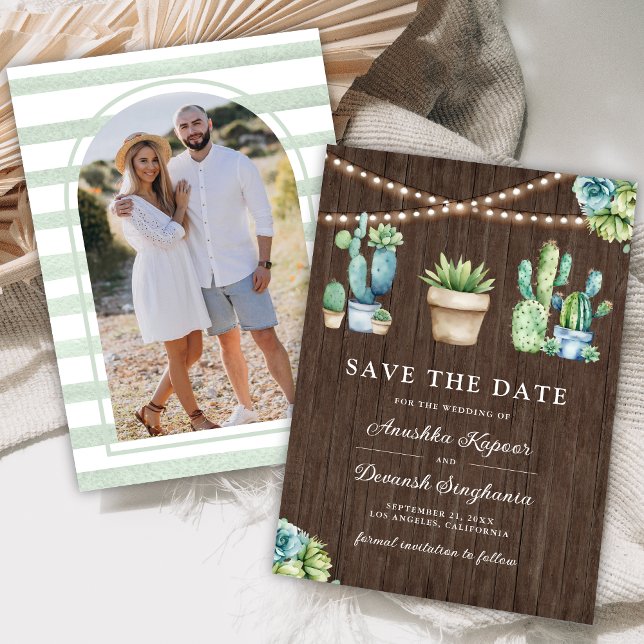Succulent Greenery Cactus Pots Wood Foto Wedding Save The Date (Von Creator hochgeladen)