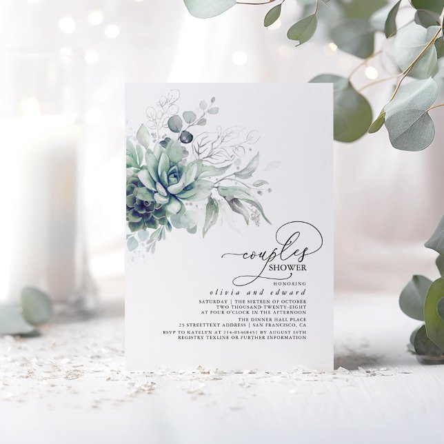 Succulent Greenery Silver Blätter Paare Dusche Einladung (Silver Succulents Greenery Couples Shower Invitations)
