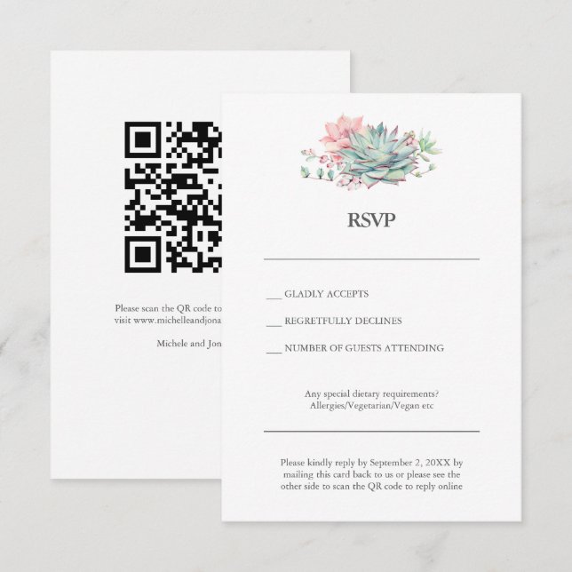 Succulent Hybrid Wedding RSVP Card with QR Code Einladung (Vorne/Hinten)