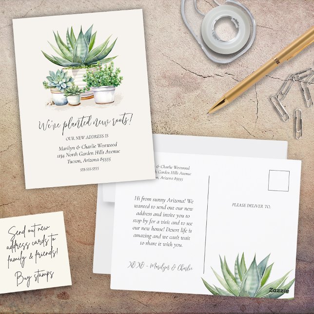 Succulent Planed New Roots Weve hat neue Adresse ü Postkarte (simple minimalist succulent potted plants theme we planted new roots change of address postcards)