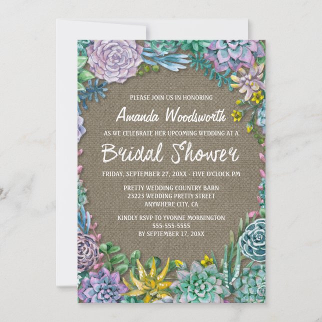 Succulent Rustic Burlap Bridal Dusche Einladungen (Vorderseite)