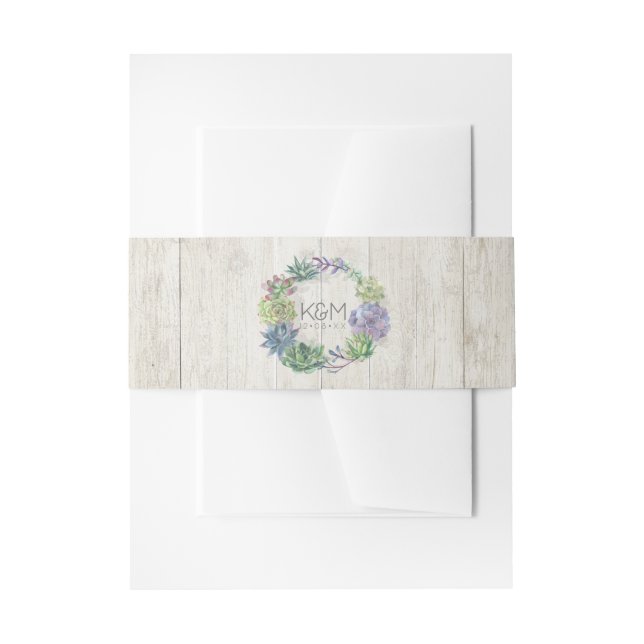 Succulents and Rustic Wood Wedding Wreath ID515 Einladungsbanderole (Vorderseite Beispiel)