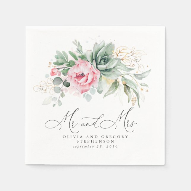 Succulents Blume Hochzeit von Gold und Rosa Serviette (Vorderseite)