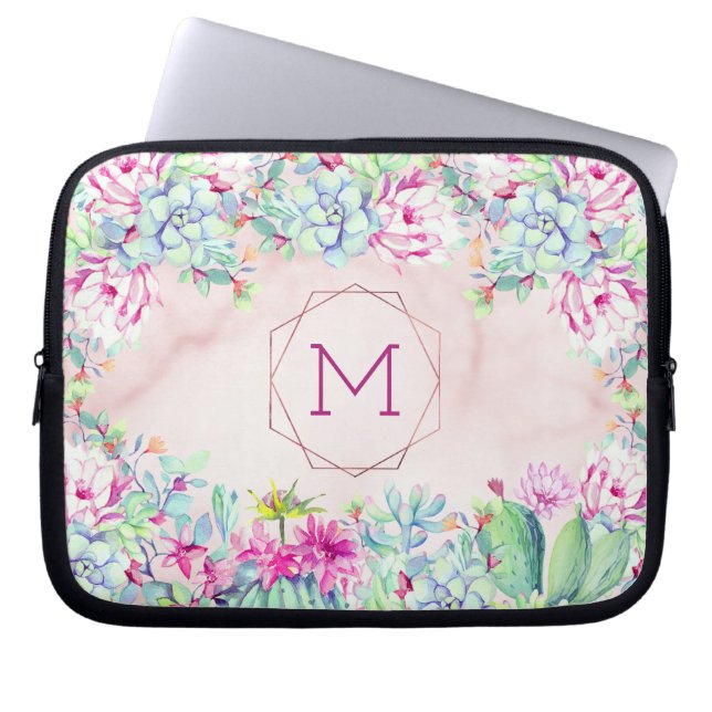 Succulents Cactus Geometric Blush Marble Monogram Laptopschutzhülle (Vorderseite)