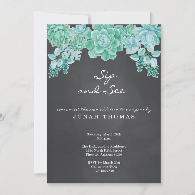 Succulents Chalkboard Sip and See - Gender Neutral Einladung (Vorderseite)