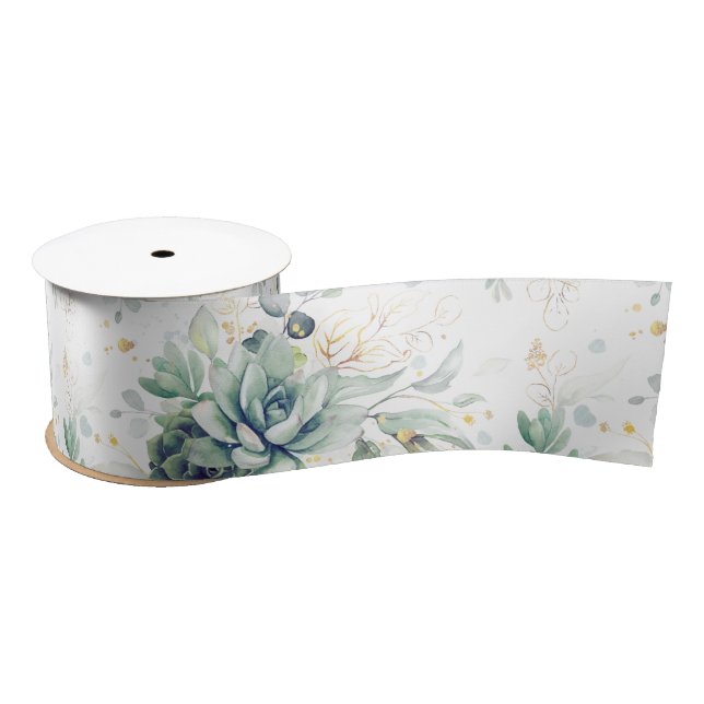 Succulents Gold Blätter Grüne Landschaft Elegant B Satinband (Spule)