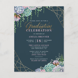 Succulents & Gold Glitzer Script Graduation Party Einladungspostkarte