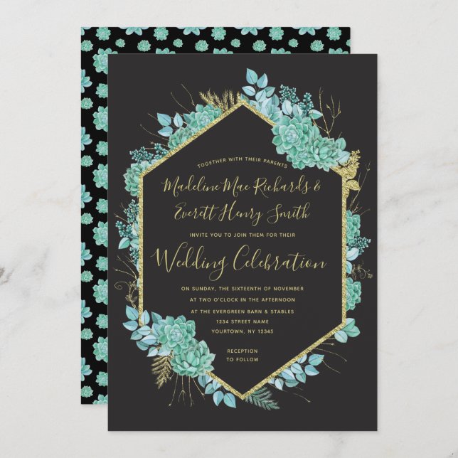 Succulents Gold Rahmen für jede Farbhochzeit Einla Einladung (Vorne/Hinten)