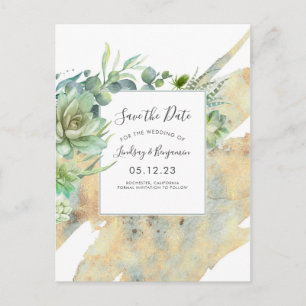 Succulents Green Gold Spritzer Save the Date Ankündigungspostkarte