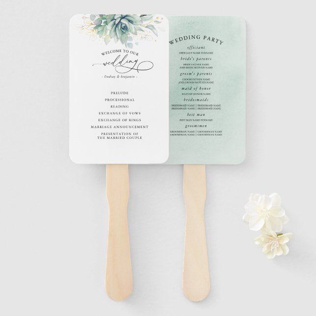 Succulents Green Wedding Program Hand Fan Fächer (Vorne und Hinten)