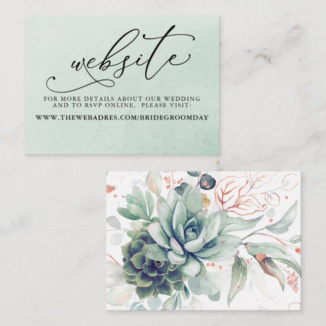 Succulents Green Wedding Website Card Visitenkarte (Vorne/Hinten)