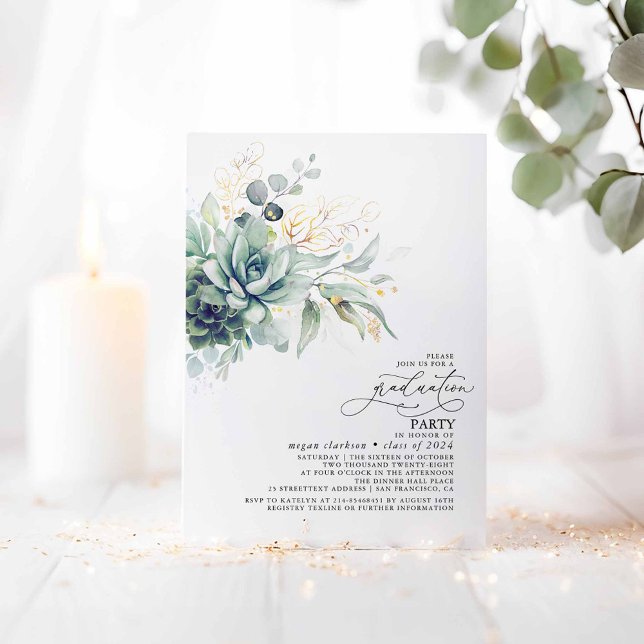 Succulents Greenerge Gold Blätter Boho Abschluss Einladung (Succulents Greenery Graduation Party Invitations)
