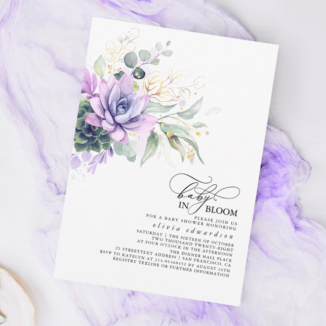 Succulents Greenerge Gold Blätter Boho Baby Shower Einladung (Purple Succulents Baby Shower Invitations - Baby In Bloom)