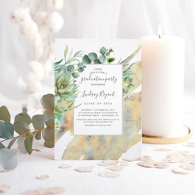 Succulents Greenerge Gold Wasserfarben Abschluss Einladung (Succulents Greenery Gold Graduation Party Invitations)