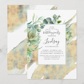 Succulents Greenerge Gold Wasserfarben Geburtstag Einladung