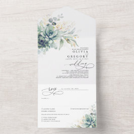 Succulents Greenerity and Gold Blätter Wedding All In One Einladung