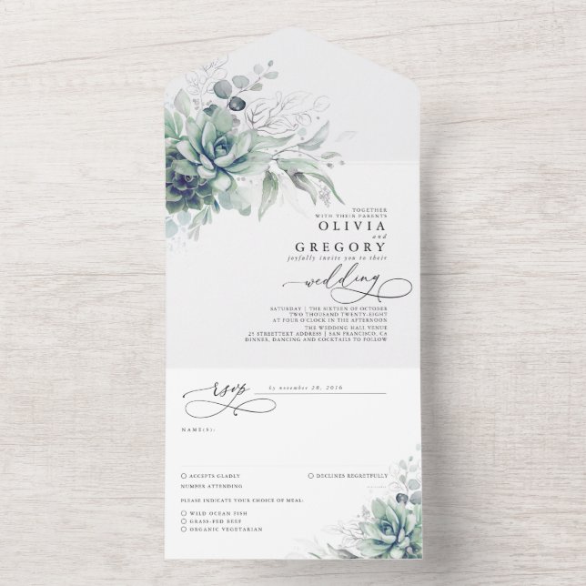 Succulents Greenerity and Silver Blätter Wedding All In One Einladung