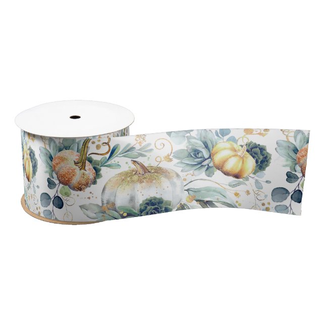 Succulents Greenery and Gold Pumpkins Fall Party Satinband (Spule)