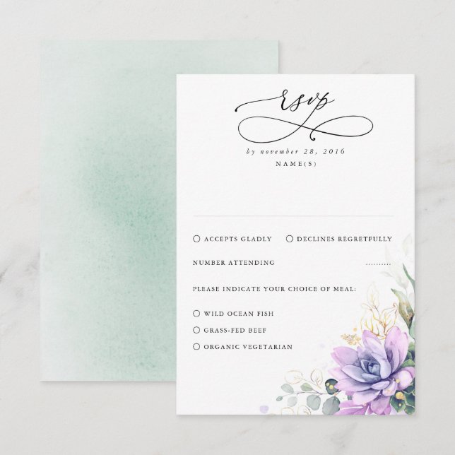 Succulents Greenery and Gold Wedding RSVP Karte (Vorne/Hinten)