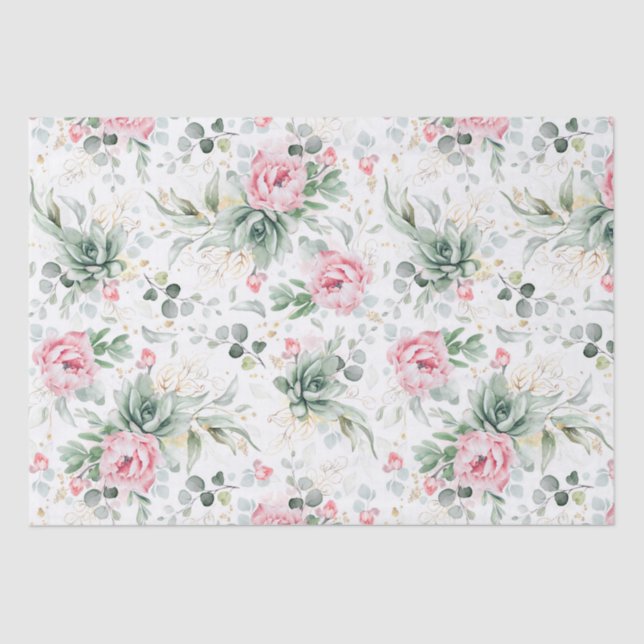 Succulents Greenery and Pink Blume Botanical Seidenpapier (Vorderseite)