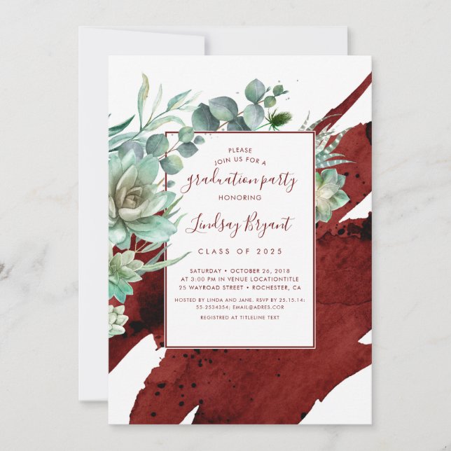 Succulents Greenery Burgundy Red Graduation Party Einladung (Vorderseite)