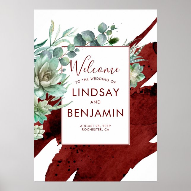 Succulents Greenery Burgundy Red Wedding Poster (Vorne)