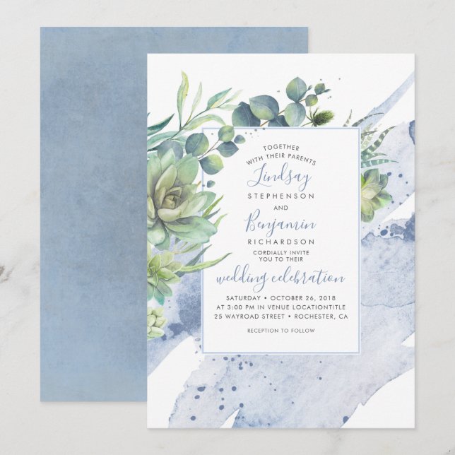 Succulents Greenery Dusty Blue Elegante Hochzeit Einladung (Vorne/Hinten)