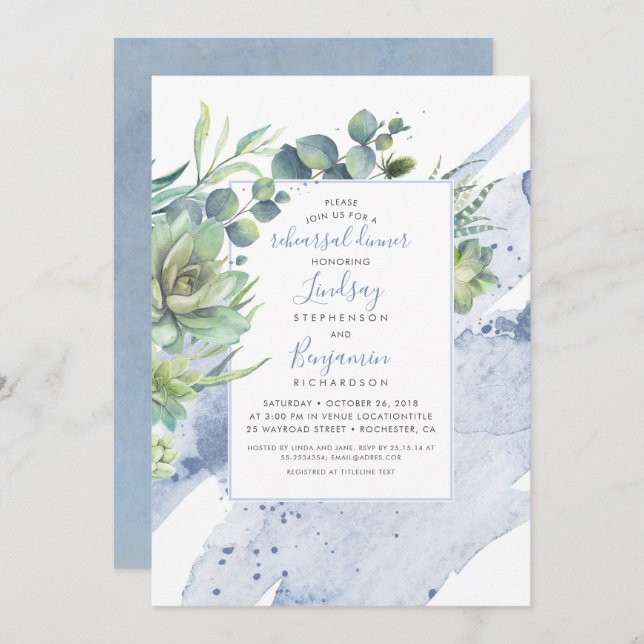 Succulents Greenery Dusty Blue Probe Dinner Einladung (Vorne/Hinten)