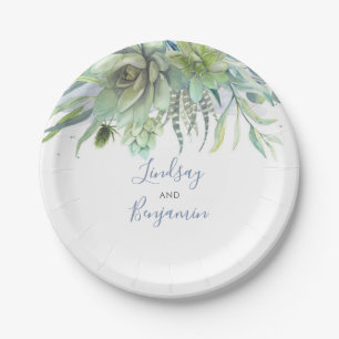 Succulents Greenery Dusty Blue Wedding Pappteller