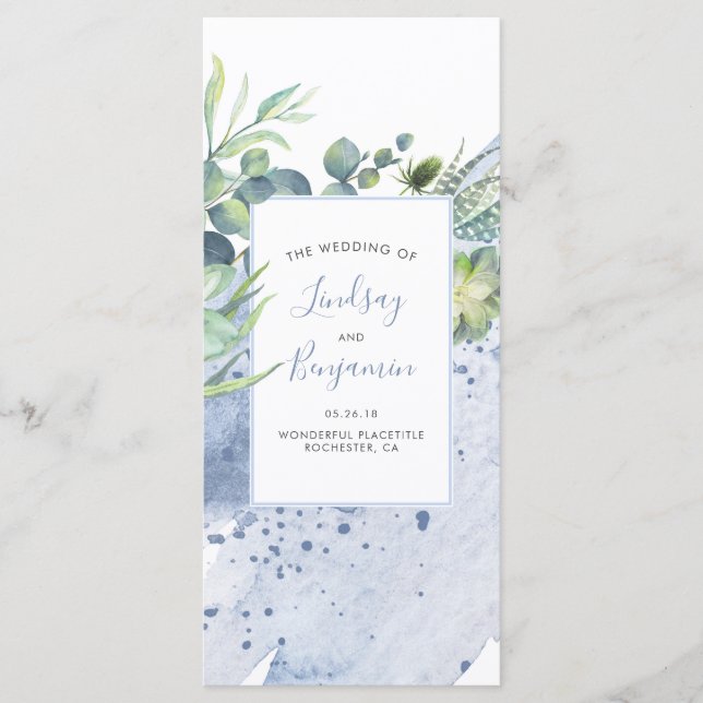 Succulents Greenery Dusty Blue Wedding Programs Programm (Vorderseite)