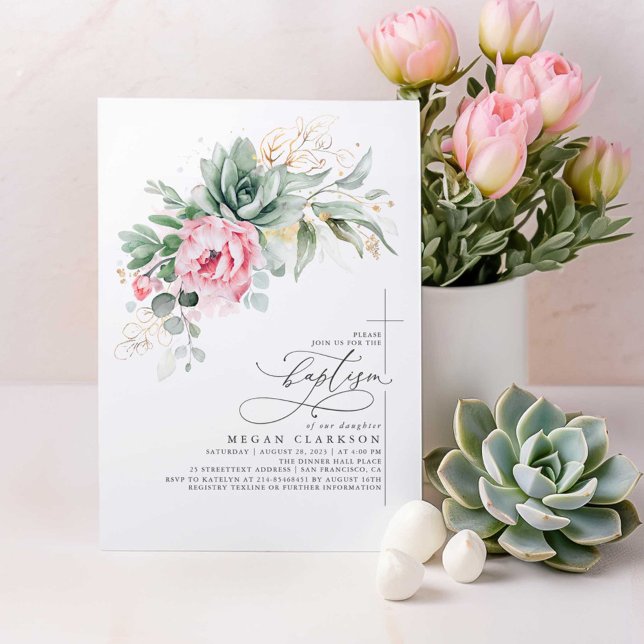 Succulents Greenery Pink Blume Gold Taufe Einladung (Pink Floral Succulents Greenery Baptism Invitations)