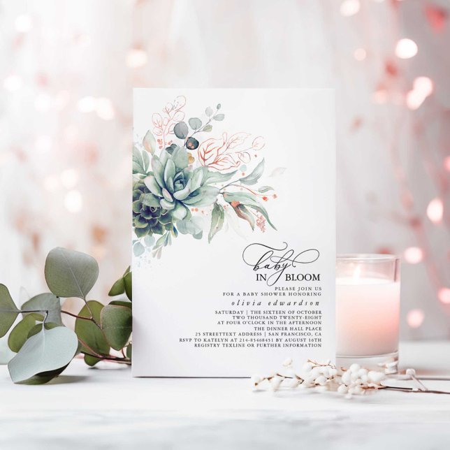 Succulents Greenery Pink Gold Blätter Baby Shower Einladung (Baby in Bloom Succulents Greenery Pink Gold and Sage Baby Shower Invitations)
