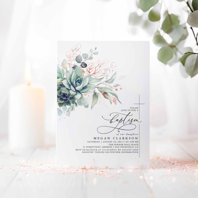 Succulents Greenery Pink Gold Blätter Taufe Einladung (Succulents Greenery Pink Baptism Invitations)