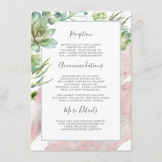Succulents Greenery Rose Gold Hochzeitsinformation Begleitkarte (Vorderseite)