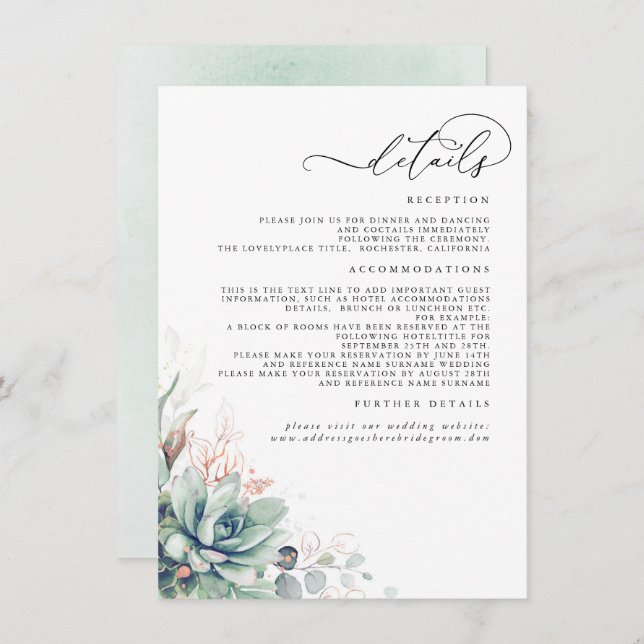 Succulents Greenery Rose Gold Wedding Details Begleitkarte (Vorne/Hinten)