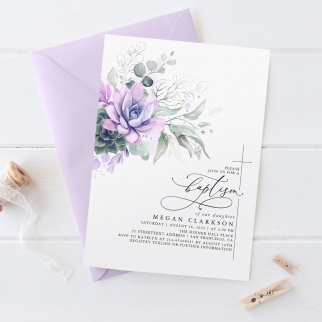 Succulents Greenery Silver Blätter Elegante Taufe Einladung (Succulents and Silver Greenery Purple Baptism Invitations)