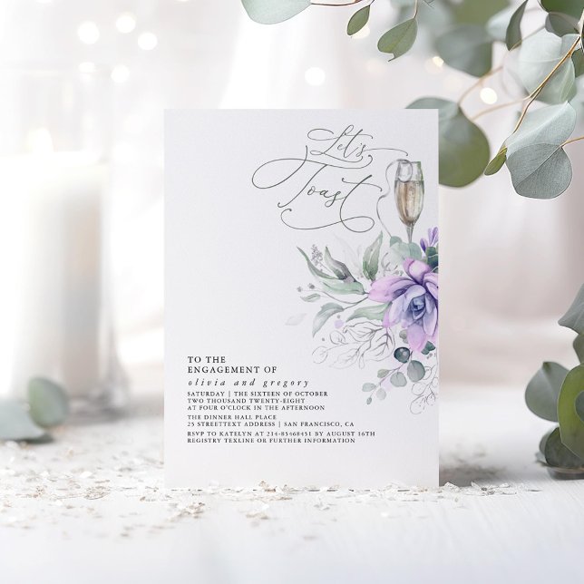 Succulents Greenery Silver Blätter Engagement Part Einladung (Purple Succulents Greenery "Let's Toast" Engagement Party Invitations)