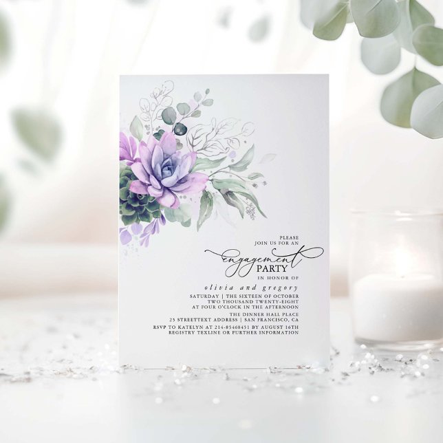 Succulents Greenery Silver Blätter Engagement Part Einladung (Silver and Purple Engagement Party Invitations featuring Watercolor Succulents Greenery)