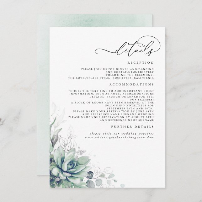 Succulents Greenery Silver Blätter Hochzeitdetails Begleitkarte (Vorne/Hinten)