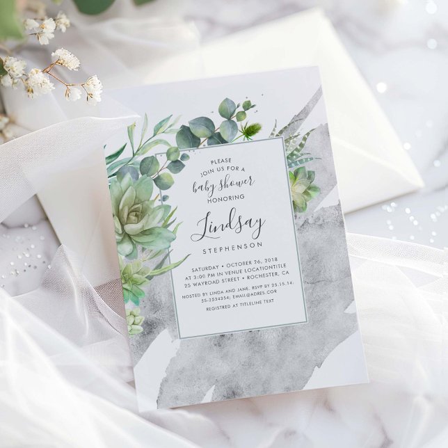 Succulents Greenery Silver Foil Babydusche Einladung (Silver Greenery Baby Shower Invitation)