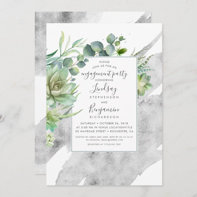 Succulents Greenery Silver Foil Engagement Party Einladung (Vorne/Hinten)