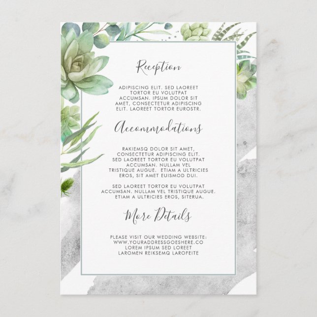 Succulents Greenery Silver Wedding Information Begleitkarte (Vorderseite)