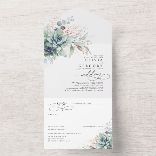 Succulents Greenery und Rose Gold Blätter Hochzeit All In One Einladung (Innen Boden)