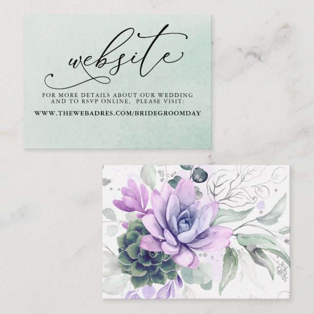 Succulents Lila Greenerity Wedding Website Card Visitenkarte (Vorne/Hinten)
