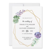 Succulents lila Hochzeitseinladung Gold elegant