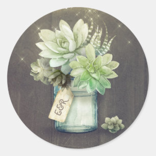 Succulents Mason Jar Rustic Wedding Initialen Runder Aufkleber