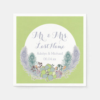 Succulents Peacock Feathers Wedding Paper Napkins Serviette