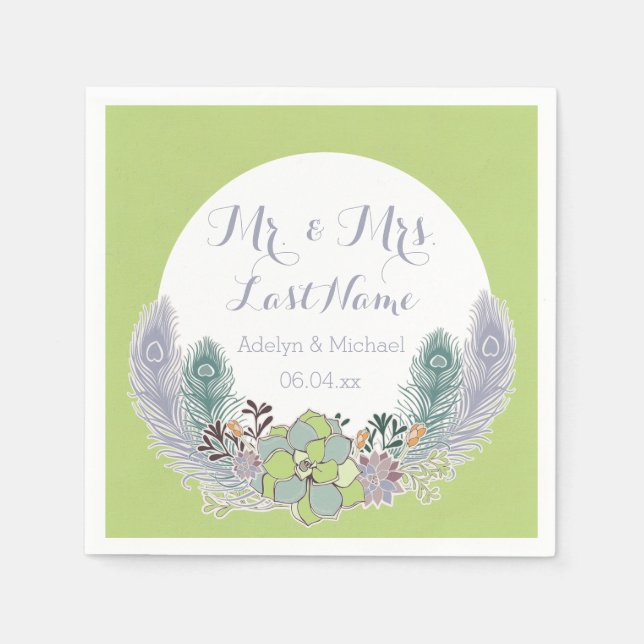 Succulents Peacock Feathers Wedding Paper Napkins Serviette (Vorderseite)